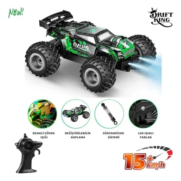 Giffy/Oyuncak 2.4 GHz Uzaktan Kumandalı Şarjlı LED Işıklı Drift Atan 15 Km Hız Yapan Off Road Araba 45 Dk Sürüş Süresi 1200 mAh Batarya (Yeşil) - Görsel 2