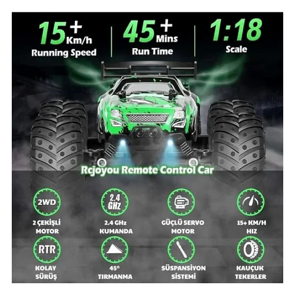 Giffy/Oyuncak 2.4 GHz Uzaktan Kumandalı Şarjlı LED Işıklı Drift Atan 15 Km Hız Yapan Off Road Araba 45 Dk Sürüş Süresi 1200 mAh Batarya (Yeşil) - Görsel 3
