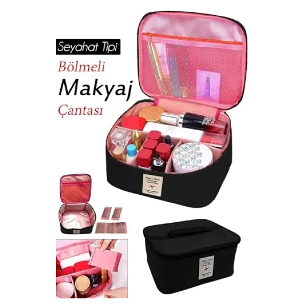 Seyahat Tipi Bölmeli Makyaj Kozmetik Çantası Organizer (Siyah) - Görsel 3