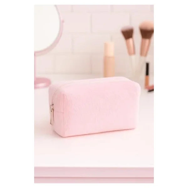 Peluş Yumuşacık Makyaj Çantası - Kozmetik Organizeri Pembe - Görsel 3