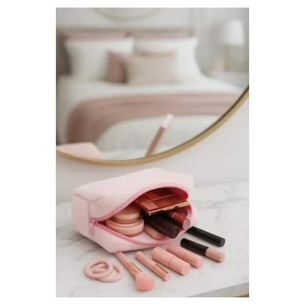 Peluş Yumuşacık Makyaj Çantası - Kozmetik Organizeri Pembe - Görsel 4