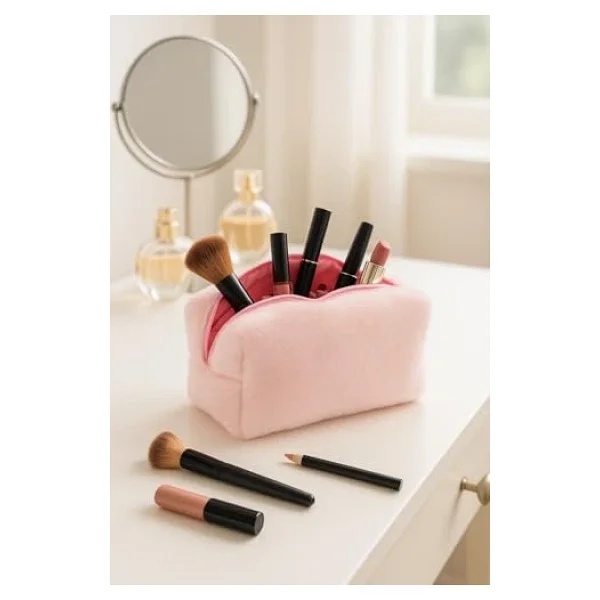 Peluş Yumuşacık Makyaj Çantası - Kozmetik Organizeri Pembe - Görsel 2