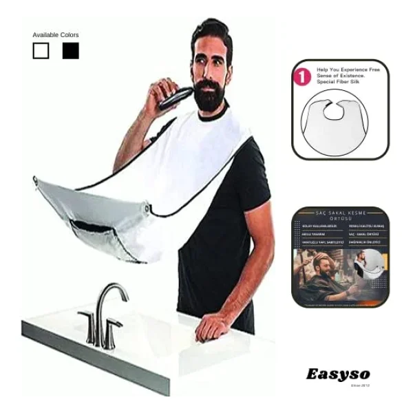 Sakal Traş Önlüğü, Standart Easyso Sakal Kesme Örtüsü Berber/Kuaför Önlüğü Beyaz Tela Kumaş Çok Amaçlı Vantuzlu Pratik Kes & Temizle - Görsel 2