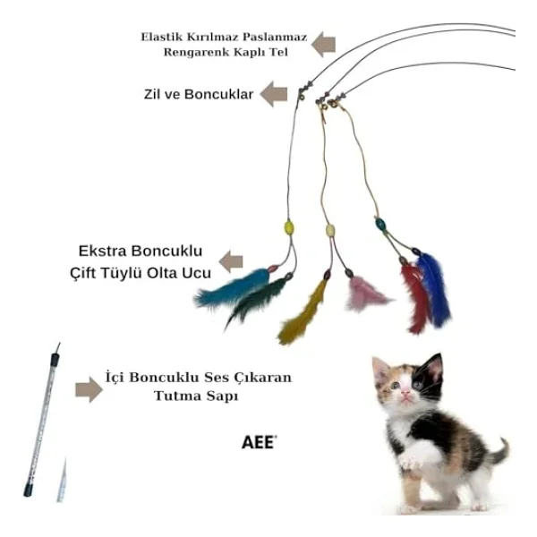 AEE Kedi Oltası Elastik Çift Tüylü Çanlı Boncuklu Kedi Oyuncağı - 130 cm Uzunluk, Dayanıklı Paslanmaz Tel,Boncuk Dolu Sap,Zilli ve Boncuklu Interaktif Hareketli Kuş Tüylü Kedi Oyuncağı - Görsel 2