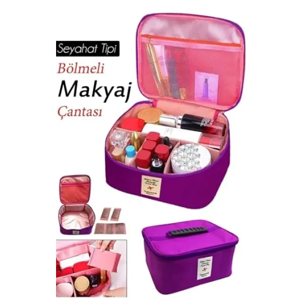Seyahat Tipi Bölmeli Makyaj Kozmetik Çantası Organizer (Mor) - Görsel 3