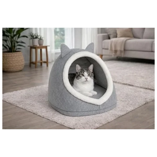 Gobypet Alas Gri Keçe Kedi Ve Köpek Evi Yatağı - Kapalı Tasarım, Sıcak Ve Yumuşak Pet Yuvası, Kaymaz Paspas Set - Görsel 2