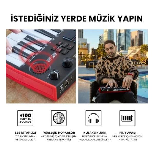 Akai Professional Mpk Mini Play Mk3 25 Tuş USB Mıdı Klavye Kontrolör Dokunmatik Mini Tuşlar, 8 Mpc Ped, 8 Düğme, Entegre Ses, Hoparlör, Beatmakers İçin Yazılım - Görsel 3