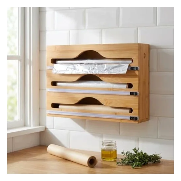 Deconox 3 Bölmeli Doğal Bambu Folyoluk Ve Streç Film Kesici Organizer - Sürgülü Bıçaklı Çekmece İçi Düzenleyici Pişirme Kağıdı Ve Alüminyum Folyo Standı Mutfak Organizeri (35,5 X 22 X 7 Cm) - Görsel 3