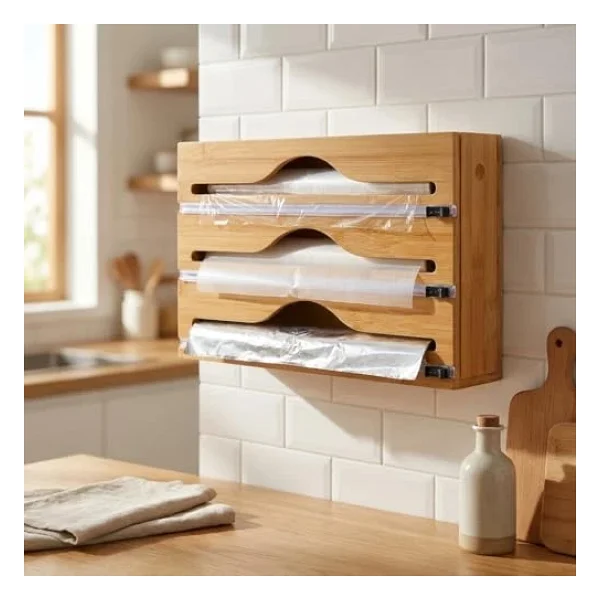 Deconox 3 Bölmeli Doğal Bambu Folyoluk Ve Streç Film Kesici Organizer - Sürgülü Bıçaklı Çekmece İçi Düzenleyici Pişirme Kağıdı Ve Alüminyum Folyo Standı Mutfak Organizeri (35,5 X 22 X 7 Cm) - Görsel 9