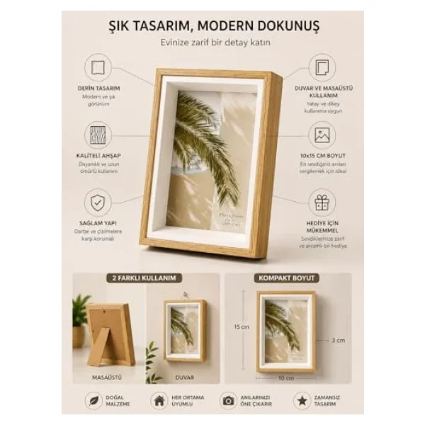 Busstier Fotoğraf Çerçevesi Dekoratif Modern Tasarım Duvar Ve Masaüstü Kullanıma Uygun Şık Resim Çerçevesi Ev Ofis Dekorasyon Çerçeve (Meşe Renk Derin) - Görsel 6