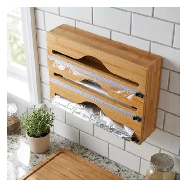 Deconox 3 Bölmeli Doğal Bambu Folyoluk Ve Streç Film Kesici Organizer - Sürgülü Bıçaklı Çekmece İçi Düzenleyici Pişirme Kağıdı Ve Alüminyum Folyo Standı Mutfak Organizeri (35,5 X 22 X 7 Cm) - Görsel 5