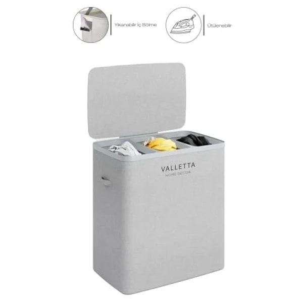 Valletta Paloma 120l Üç Yıkanabilir Bölmeli Katlanabilir Kumaş Kirli Çamaşır Sepeti Light Gray - Görsel 5
