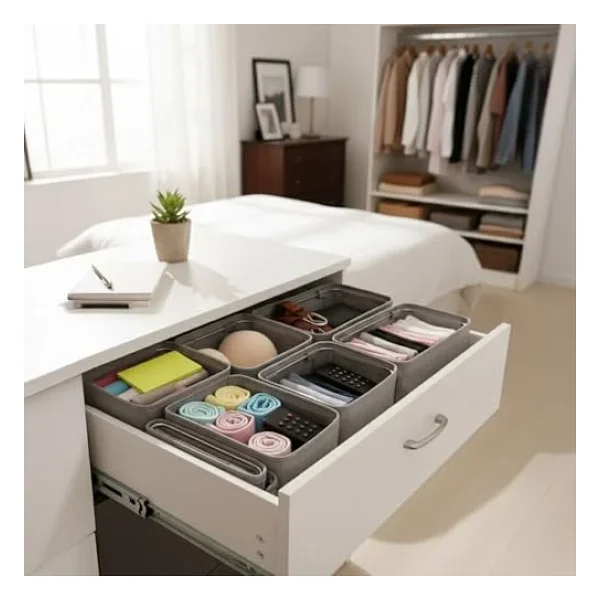 Deconox 4 Adet Tek Boy Katlanabilir Çekmece Organizer Seti Dolap İçi Saklama Kutusu İç Giyim, Çorap Ve Aksesuar Düzenleyici Telli Dik Duruş Sağlayan Kumaş Dolap Düzenleyici 30x15x12.5cm - Görsel 2