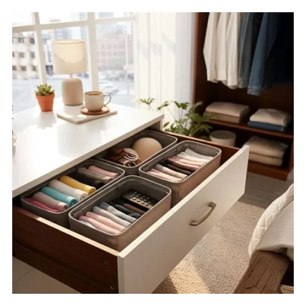 Deconox 4 Adet Tek Boy Katlanabilir Çekmece Organizer Seti Dolap İçi Saklama Kutusu İç Giyim, Çorap Ve Aksesuar Düzenleyici Telli Dik Duruş Sağlayan Kumaş Dolap Düzenleyici 30x15x12.5cm - Görsel 3
