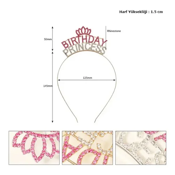 Kristal Taşlı Birthday Princess Yazılı Parti Tacı Pembe Renk - Görsel 2