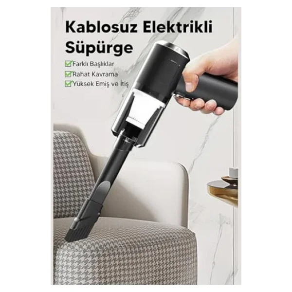 Araç Oto Süpürgesi Şarjlı 120w 6.000pa - Üfleme Özellikli Mini El Süpürgesi Oto Ofis Klavye Kasa Vakum Şişirme Seti - Görsel 5