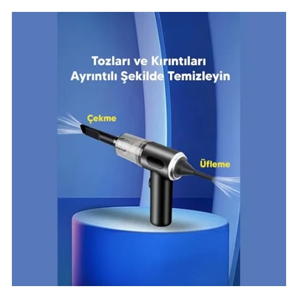 Araç Oto Süpürgesi Şarjlı 120w 6.000pa - Üfleme Özellikli Mini El Süpürgesi Oto Ofis Klavye Kasa Vakum Şişirme Seti - Görsel 4