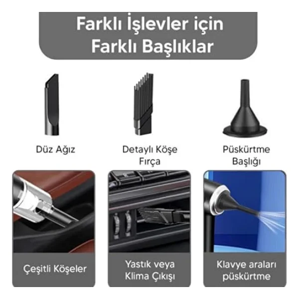 Araç Oto Süpürgesi Şarjlı 120w 6.000pa - Üfleme Özellikli Mini El Süpürgesi Oto Ofis Klavye Kasa Vakum Şişirme Seti - Görsel 7