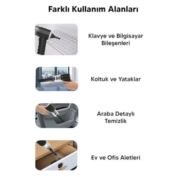 Araç Oto Süpürgesi Şarjlı 120w 6.000pa - Üfleme Özellikli Mini El Süpürgesi Oto Ofis Klavye Kasa Vakum Şişirme Seti - Görsel 2