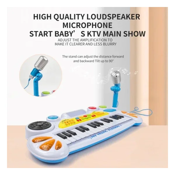 Elektronik Org Müzik Seti Mikrofonlu 45 Cm Çocuk Piyano Mp3 Girişli LED Işıklı Karaoke Oyuncak 3+ Yaş Beyaz - Görsel 8