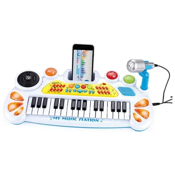 Elektronik Org Müzik Seti Mikrofonlu 45 Cm Çocuk Piyano Mp3 Girişli LED Işıklı Karaoke Oyuncak 3+ Yaş Beyaz - Görsel 5