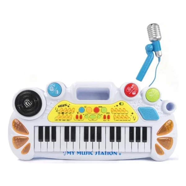Elektronik Org Müzik Seti Mikrofonlu 45 Cm Çocuk Piyano Mp3 Girişli LED Işıklı Karaoke Oyuncak 3+ Yaş Beyaz - Görsel 6