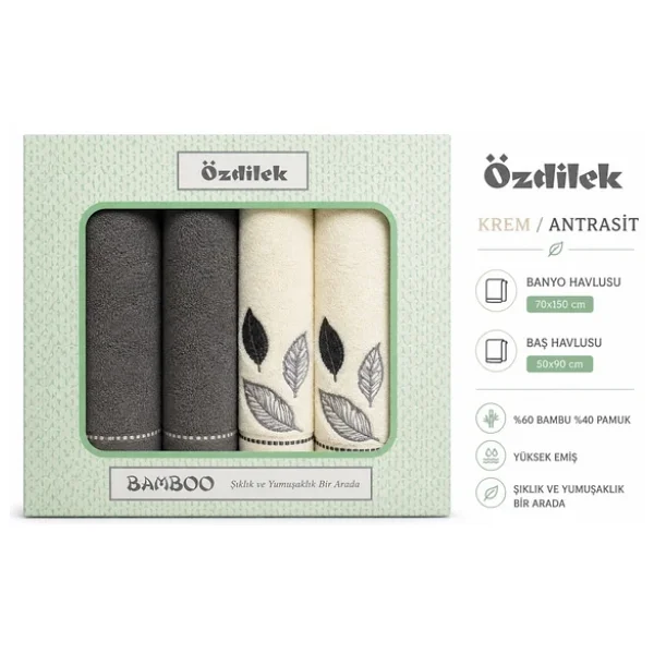 Özdilek 4 Parça Bamboo Hamam Seti -Folha De Ouro Antrasit Krem- Havlu Seti - Görsel 5