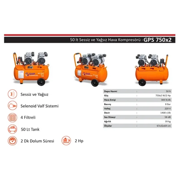 Gap 50 Lt 4 Emişli 2 Hp Sessiz Yağsız Kompresör - Görsel 3