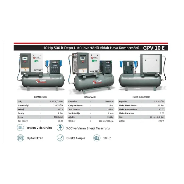 Gap Gpv10e-Set 500 Litre 10 Hp Hava Kompresörü İnvertörlü Vidalı Kompresör - Görsel 2