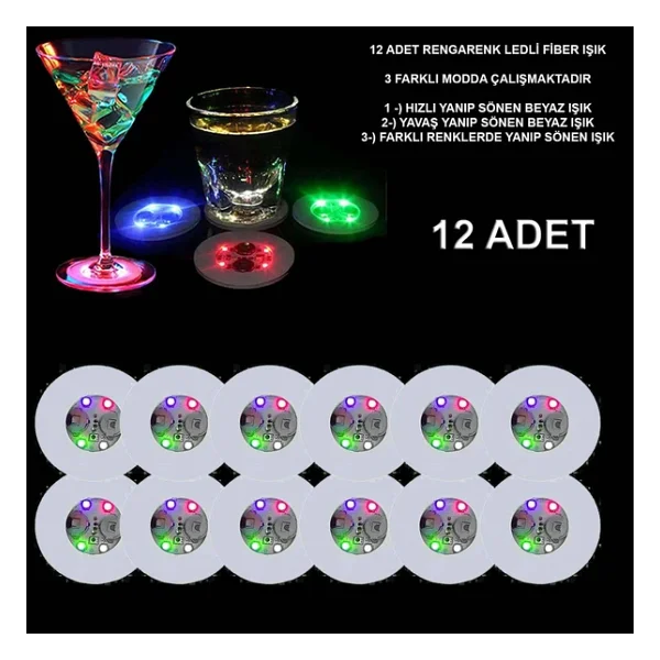 Renkli LED Işıklı Bardak Altlığı - Dekoratif 12 Adet Pilli - Görsel 6