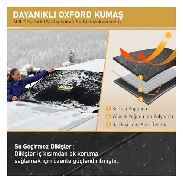 Haegs Buz Ve Kar Önleyici Araç Ön Cam Örtüsü Brandası Ağır Hizmet Tipi 600d Oxford Kumaş Arabalar, Suv'lar, Kamyonetler İçin Oto Ön Cam Koruyucu Güneşlik Don Örtüsü (185x109cm) XL - Gri - Görsel 5
