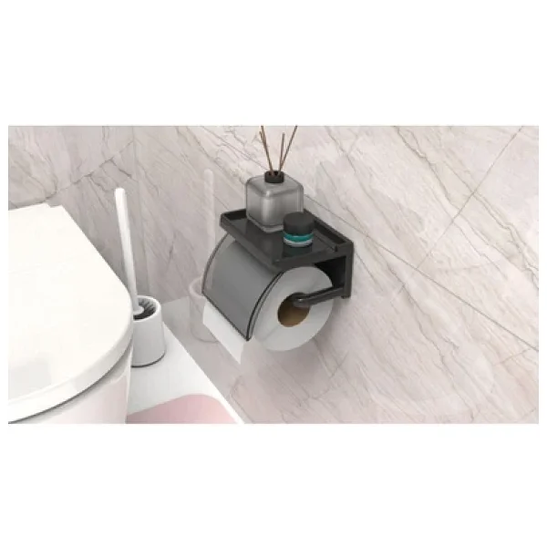 Ata Home Yapışkanlı Kapaklı Tuvalet Kağıdı Askısı Banyo Tuvalet Kağıtlığı Aparatı Peçetelik Organizer Plastik, Siyah - Görsel 2