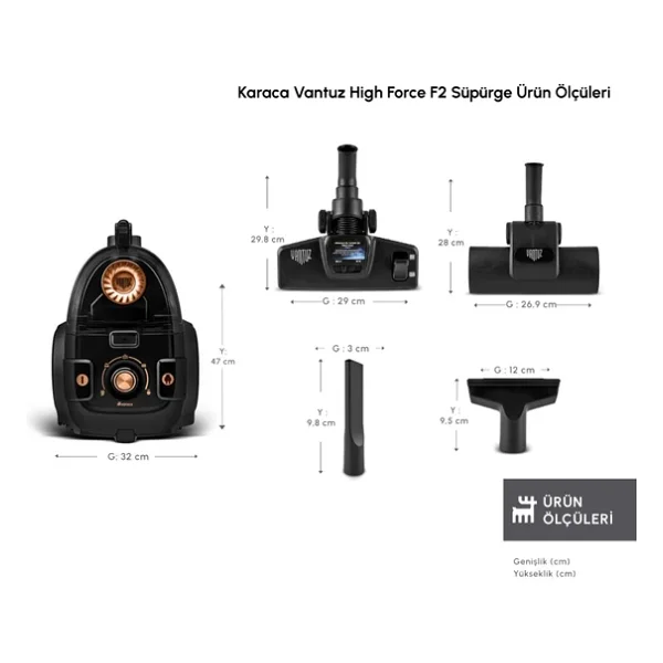 Karaca Vantuz High Force F2 Matte Black Copper 899 W Toz Torbasız Süpürge - Görsel 6