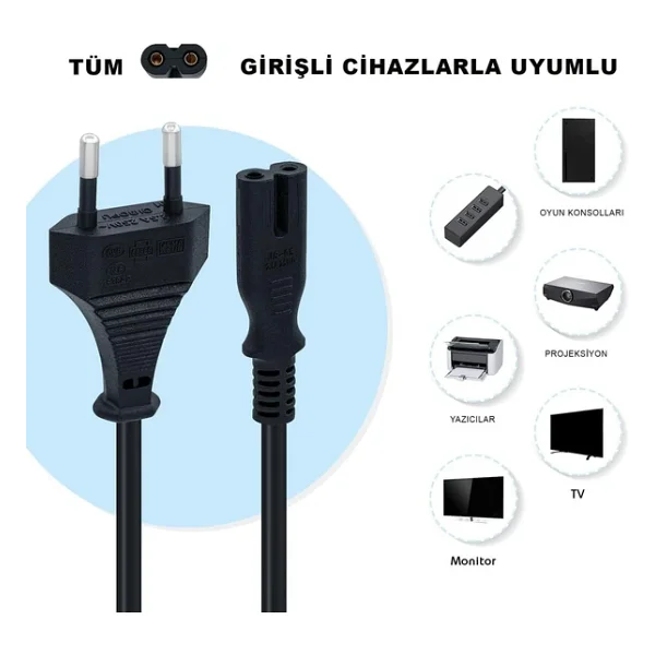 Orret Home PS3 / PS4 / PS5 / Xbox Series S-X Uyumlu Güç Kablosu 1.5 Metre 2pin Güç Kablosu Projeksiyon - Monitör - TV Universal 2pin Güç Kablosu Teyp Fişi (1) - Görsel 4