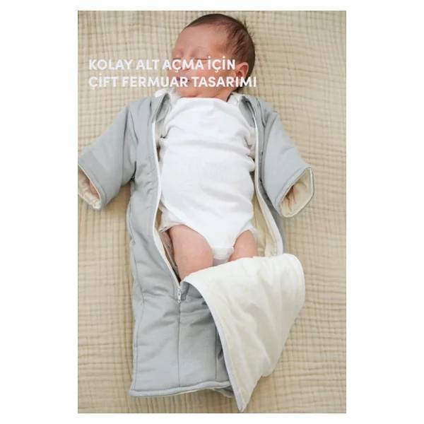 Minuche%100 Pamuk Bebek Uyku Tulumu - Elyaf Dolgulu Ve Kolay Alt Değiştirme İçin Çift Fermuarlı (Gri, 3-6 Ay) - Görsel 2