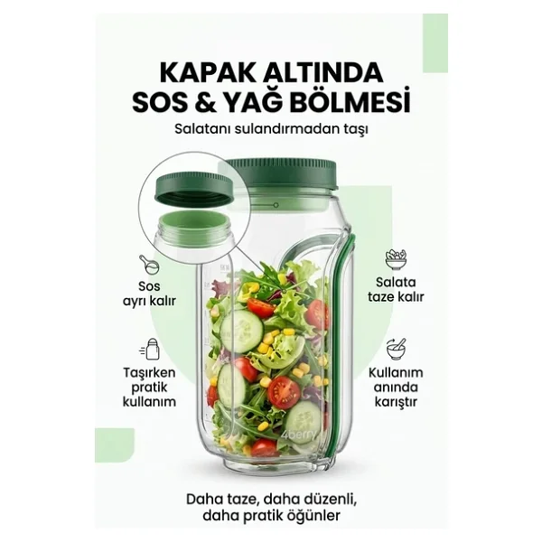 Kt610 Sızdırmaz Salata Kabı 900 Ml Sos Bölmeli Yan Açılır Taşınabilir Saklama Kabı - Görsel 3
