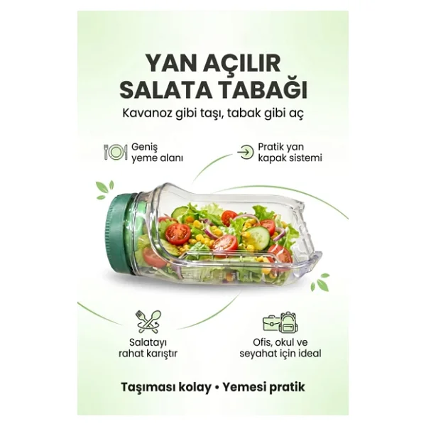 Kt610 Sızdırmaz Salata Kabı 900 Ml Sos Bölmeli Yan Açılır Taşınabilir Saklama Kabı - Görsel 2