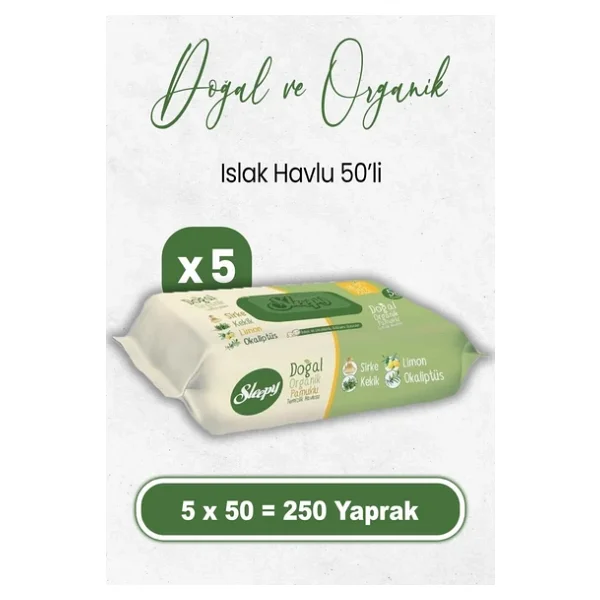 Sleepy Doğal Organik Pamuklu 50 Yaprak 5'li Paket Islak Mendil - Görsel 4