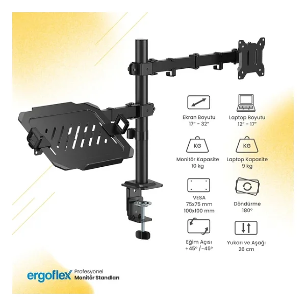 Ergoflex A74l Çift Kol Profosyonel 17"-32" Monitör Tutucu Ve Laptop Standı - Görsel 3