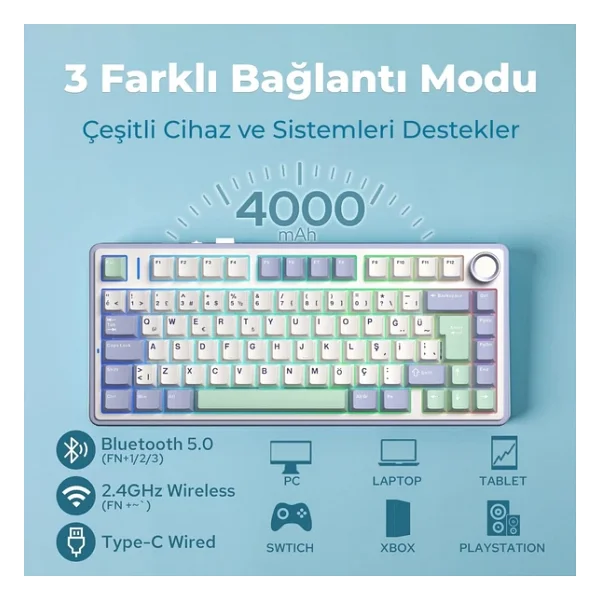 Aula F75 Bej RGB %75 Tkl Graywood V4 Switch Kablolu/Kablosuz Mekanik Oyuncu Klavyesi - Görsel 5