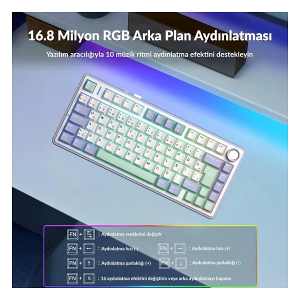 Aula F75 Bej RGB %75 Tkl Graywood V4 Switch Kablolu/Kablosuz Mekanik Oyuncu Klavyesi - Görsel 6