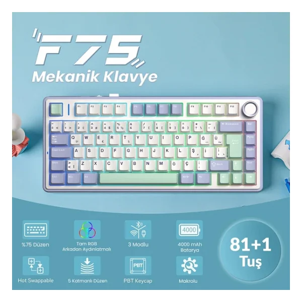 Aula F75 Bej RGB %75 Tkl Graywood V4 Switch Kablolu/Kablosuz Mekanik Oyuncu Klavyesi - Görsel 4