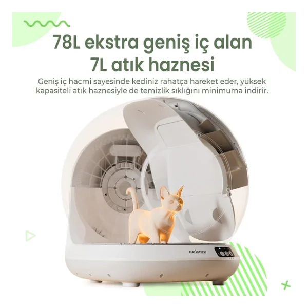 Haustier Clb01 Yeni Nesil Akıllı Otomatik Kedi Tuvaleti, Ağırlık Sensörlü, Uygulama Üzerinden Uzaktan Kontrol, 78lt İç Hazne, 9lt Çöp Haznesi - Görsel 4