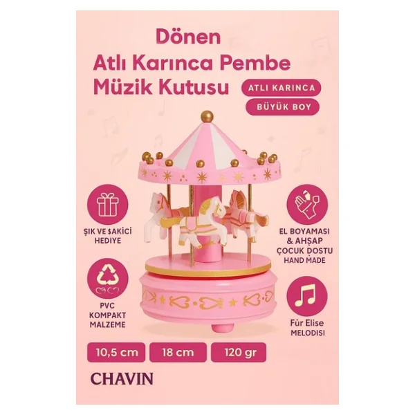 Chavin Nostaljik Dönen Atlı Karınca Pembe Müzik Kutusu Hd143pm - Görsel 5