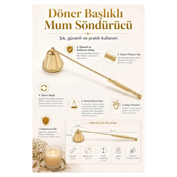 Paslanmaz Çelik Gold 22 Cm Dekoratif Çan Dizayn Saplı Mum Söndürücü Cin818sr - Görsel 5