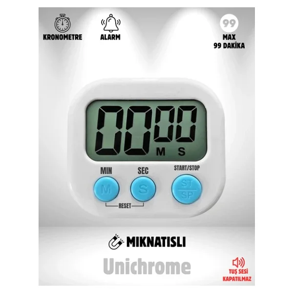 Unichrome Beyaz Renk Dijital Ekranlı Alarmlı Mıknatıslı Mutfak Zamanlayıcı - Görsel 4