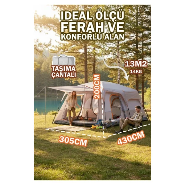 EFSANE KAMP - Aile Boyu Büyük Kamp Çadırı 2 Oda 1 Salon - 12 Kişilik - Bej - Görsel 4