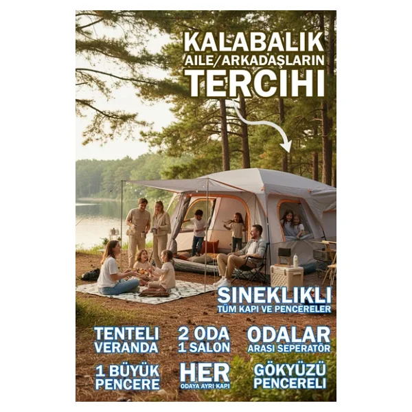 EFSANE KAMP - Aile Boyu Büyük Kamp Çadırı 2 Oda 1 Salon - 12 Kişilik - Bej - Görsel 3
