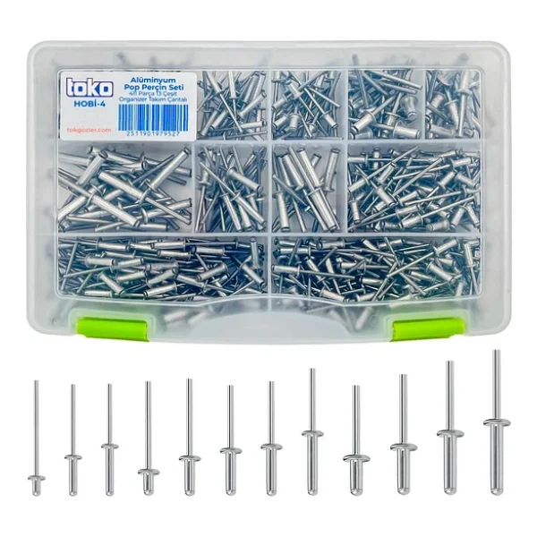 Toko Hobi-4 Alüminyum Pop Perçin Seti 411 Parça 13 Çeşit Organizer Takım Çantalı - Görsel 4