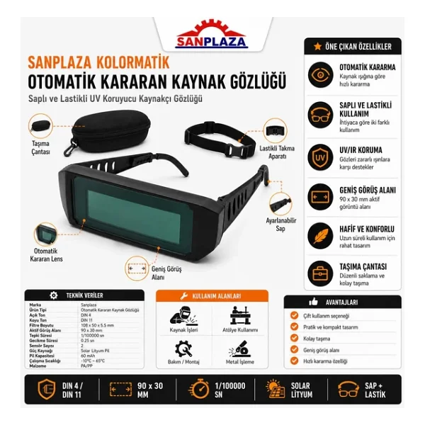 Sanplaza Kolormatik Otomatik Kararan Kaynak Gözlüğü Saplı Ve Lastikli Uv Koruyucu Kaynakçı Gözlüğü - Görsel 4